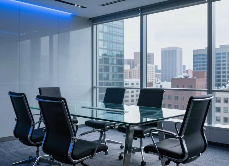 A modern, high-tech meeting room in North America with blue ambient lighting. A transparent glass table and ergonomic chairs sit in front of a floor-to-ceiling window overlooking a city.