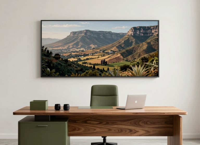 A minimalist office setting with a South African landscape print on the wall. The furniture is high-quality wood, and the palette is olive green and off-white. Professional and sophisticated.