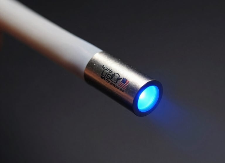 Detail photography of a fiber optic cable end glowing with blue light, sharp focus, clean dark background, symbol of high-speed innovation, North American / US.