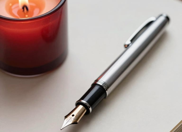 Close-up photography of a silver fountain pen resting next to an old-fashioned candle, with a blood red flame casting light on bone white stationery.