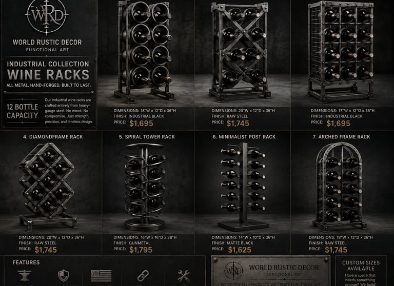 Hand-forged industrial metal wine racks in vertical, grid, and spiral designs for home decor.