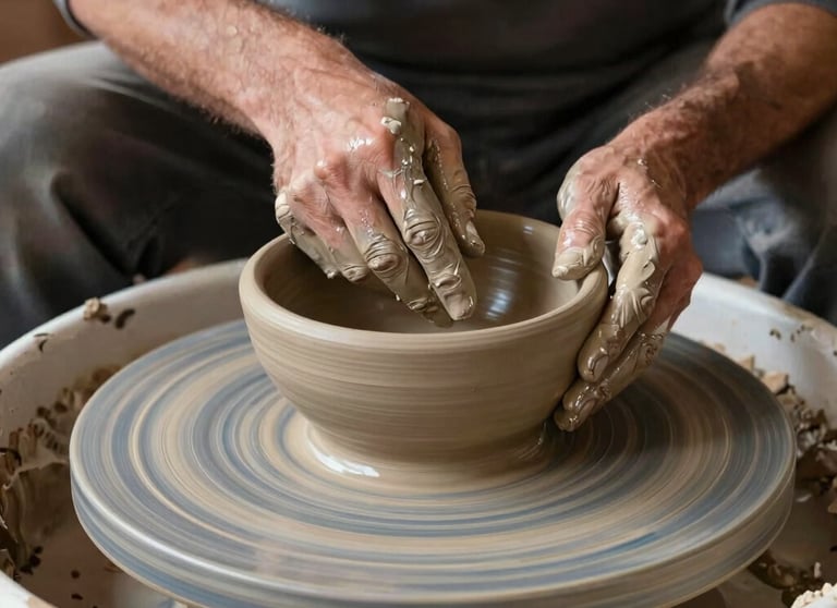 A craftsman shaping a natural clay bowl on a spinning potter's wheel in a sunlit ceramic workshop in Turkey, hands covered in smooth wet clay.