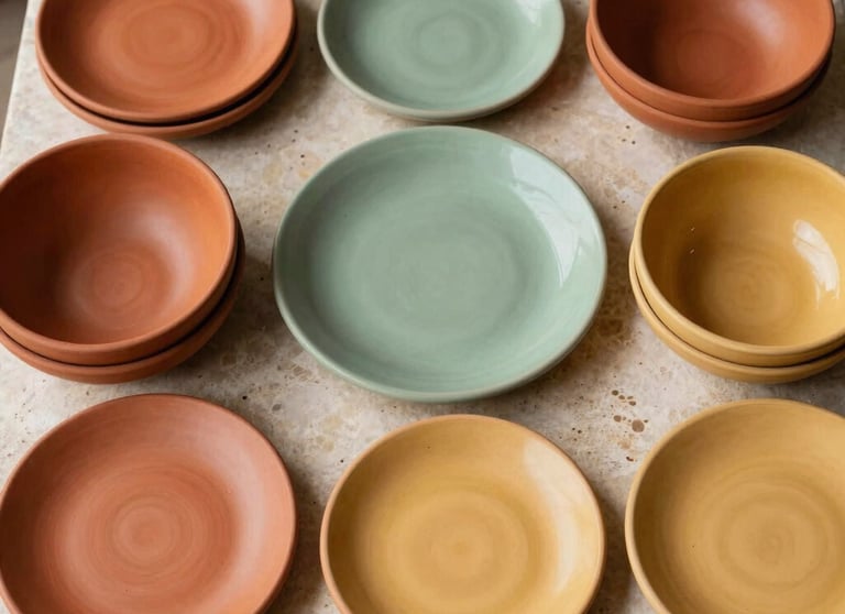 A top-down photograph of a collection of handmade stoneware ceramic plates and bowls in terracotta red, sage green, and honey yellow arranged on a Mediterranean stone counter in Turkey.
