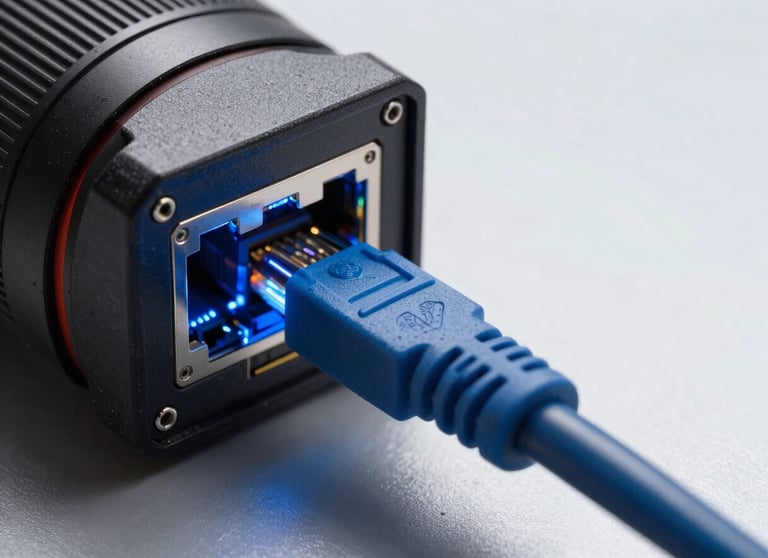 A high-speed networking cable plugged into a glowing blue port, symbolizing connectivity and speed.