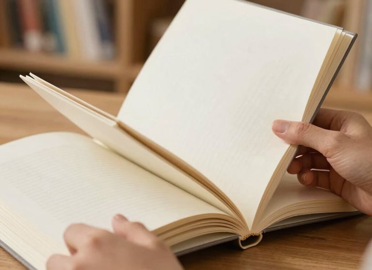 Close-up of a person's hands flipping through the pages of a high-quality journal. The paper is thick and off-white. Background is a warm, clean home library.