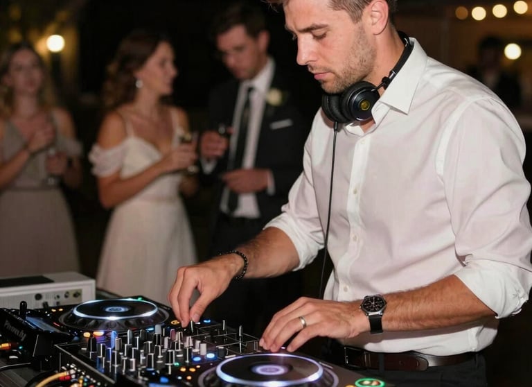 A DJ mixing music at a lively wedding reception with colorful lights.