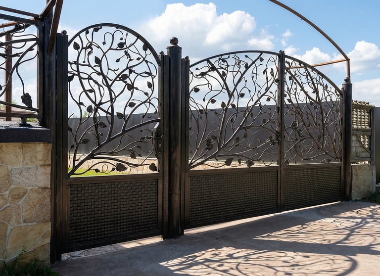 Ornate wrought iron gate with a decorative vine and leaf design installed on a stone driveway.