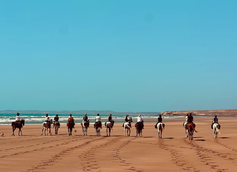 groupe de cavaliers montant à cheval sur une plage immense, avec un ciel d'un bleu éclatant