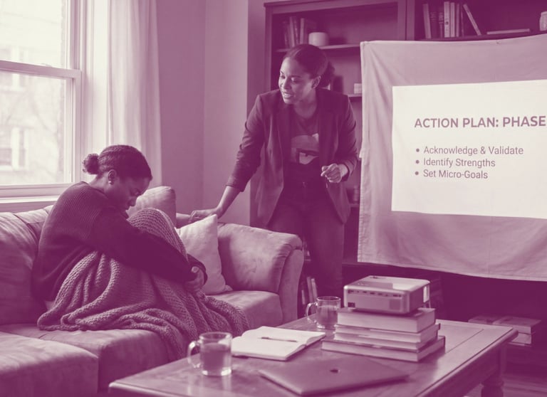 A black woman stands and gestures towards a projector screen displaying "ACTION PLAN: PHASE 1"