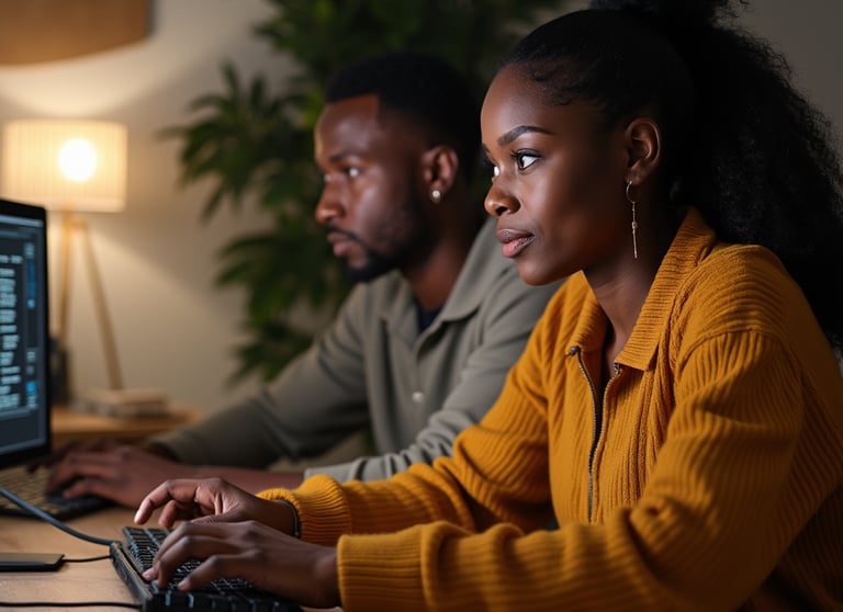 a man and woman sitting at a desk with a laptop