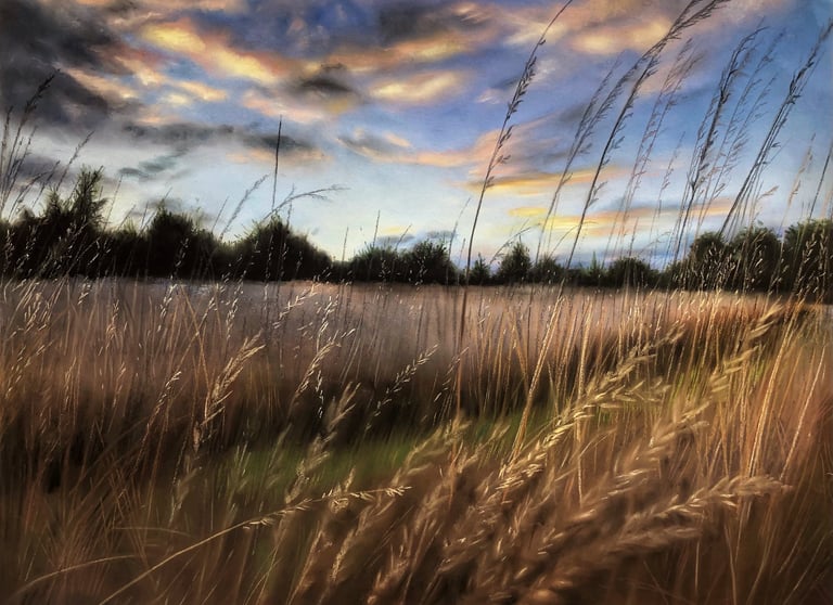Soft pastel fine art landscape painting of a windswept field with tall golden grass.