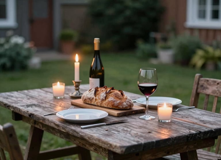 A rustic outdoor dining table set with artisanal bread, wine, and candles in a Northern European / North American garden, atmospheric evening light.