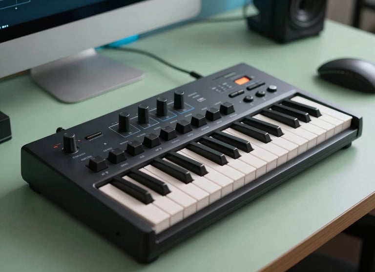 Professional keyboard controller on a desk with sage green and pale blue ambient lighting, modern music production setup.