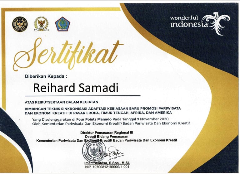 Official certificate of appreciation for Reihard Samadi from Wonderful Indonesia and Kemenparekraf.