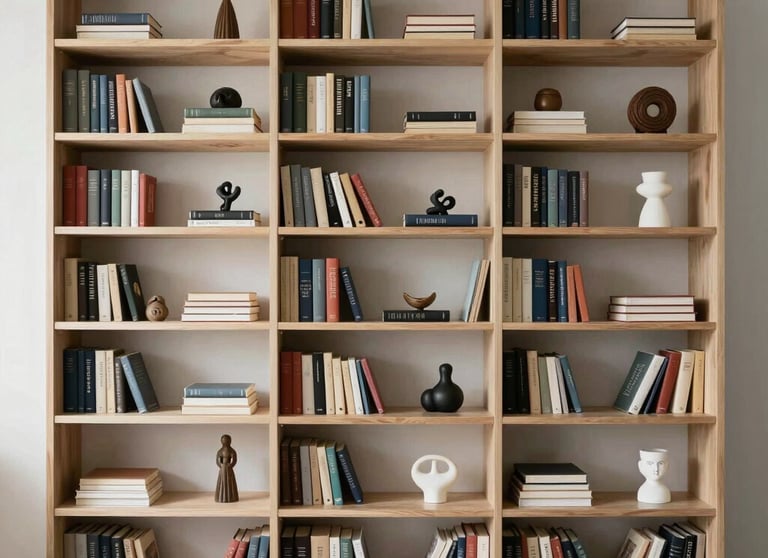 A modern French artist's library with books and small sculptures, very clean and minimalist.