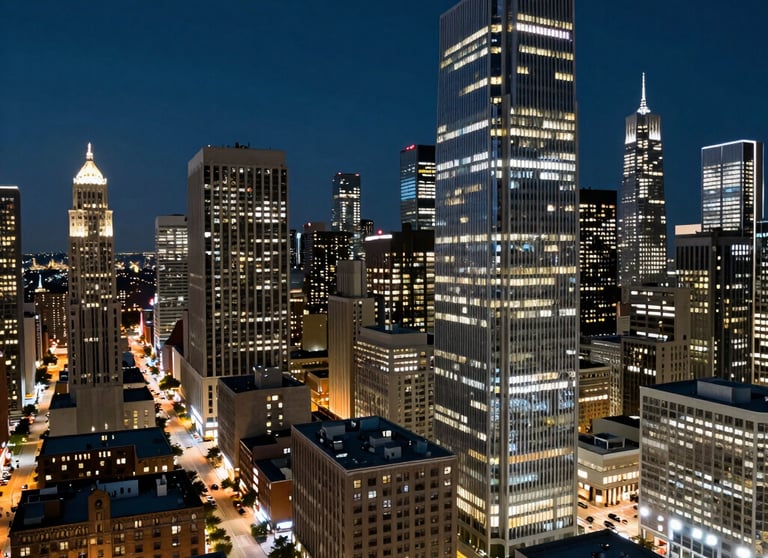 A wide photography shot of a modern city at night, with bright lights and a sense of constant movement and innovation. The colors are predominantly navy and pale blue. North American context.