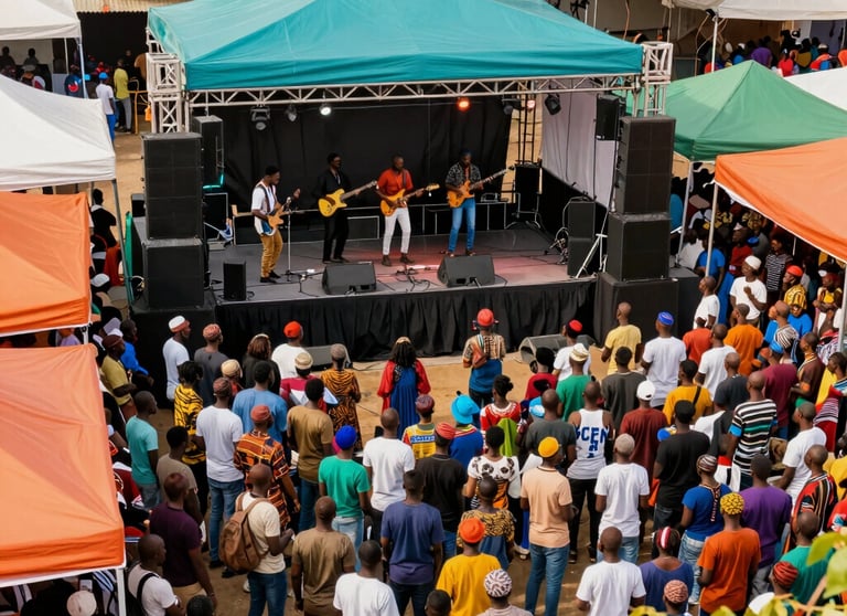 An overhead view of a lively African / Pan-African outdoor event. Bright teal and orange canopies provide shade for a crowd gathered around a central stage where a music group is performing.