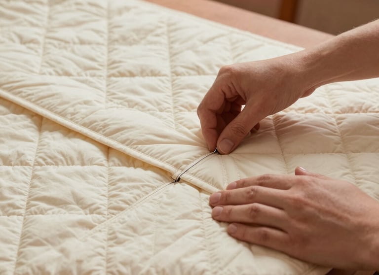 Atmospheric lifestyle photography showing the meticulous handcrafting process of cotton quilted apparel. Hands gently guiding a soft warm cream fabric through a quilting stitch pattern, vintage studio setting with warm clay tones and soft warm light. Authentic craftsmanship, tailored for Global Premium / North American and European Retailers.