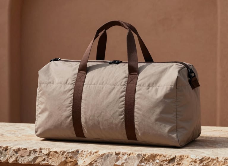 Minimalist product photography of a premium 100% cotton hand-quilted duffle bag in soft taupe with deep espresso accents, placed on a rustic stone ledge. Warm clay and earthy brown backdrop. Clear day lighting, premium quality look for Global Premium / North American and European Retailers.
