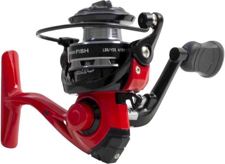 MINI MOLINETE PEIXE PEQUENO ALBATROZ 500 IDEAL PESCAR PEIXES PEQUENOS COR VERMELHA COM ROTOR PRETO.