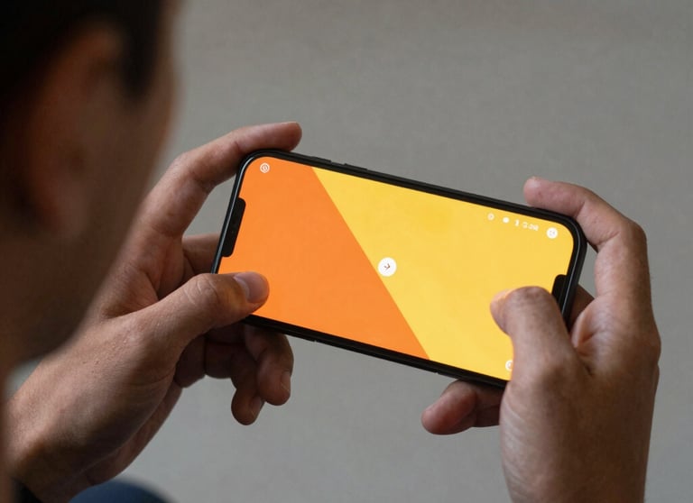 A professional photograph of a person testing a mobile game on their phone, seen from behind their shoulder. The screen is vibrant with orange and yellow colors.