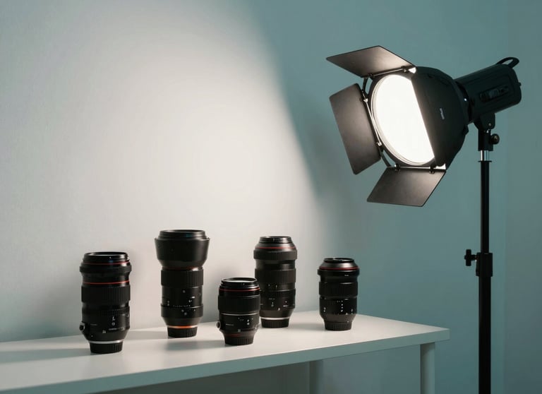 An aesthetic studio corner in Bodrum with camera lenses and professional lighting gear organized on a minimalist shelf. Teal and white theme. Turkish / Aegean Coast.