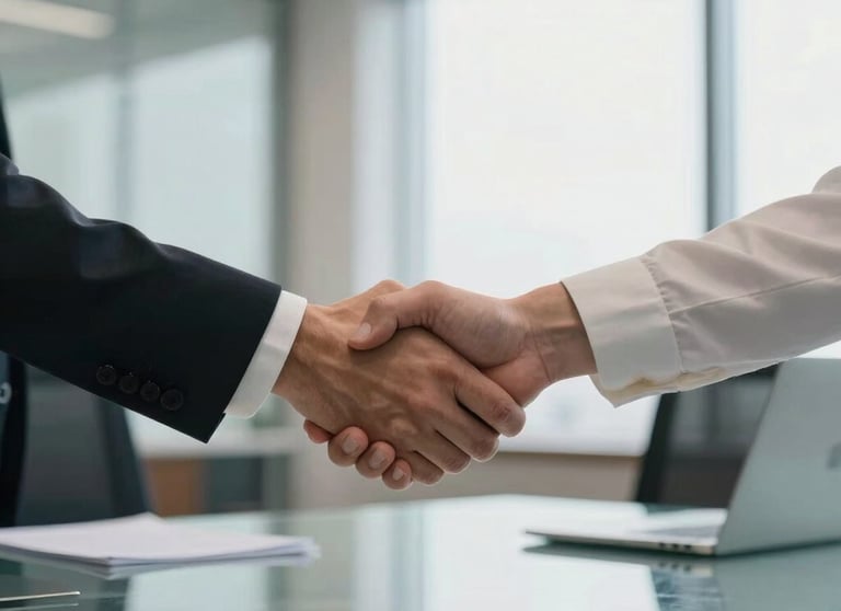 A photograph of a modern professional handshaking over a glass desk in a light-filled North American office, representing partnership.