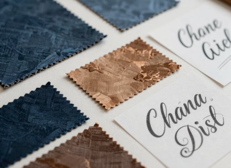 Detailed view of a moodboard with fabric samples, color swatches in blue and bronze, and typographic sketches. Latin American / Hispanic creative studio, soft daylight.