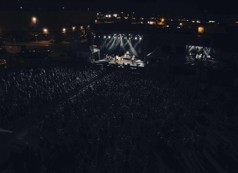 A live outdoor music concert at night with a large crowd gathered before a brightly lit stage.