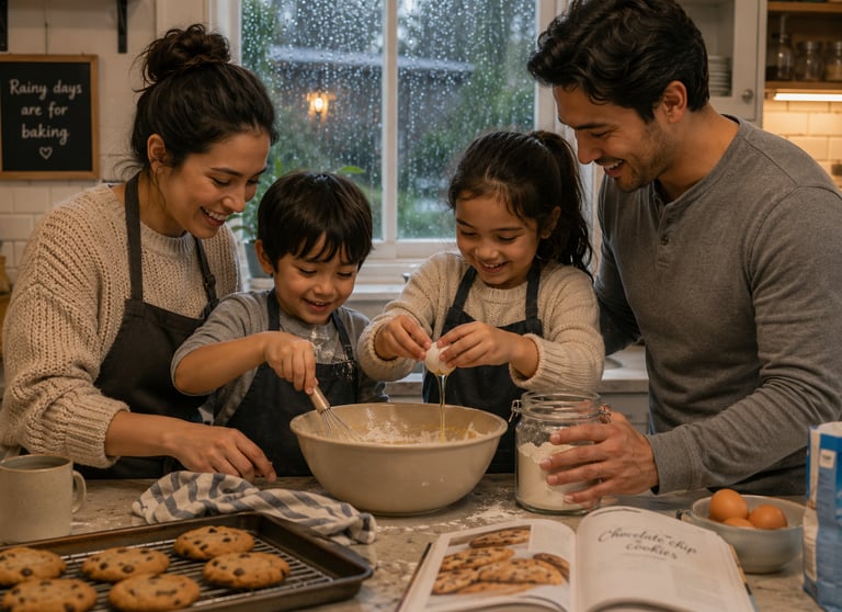 A family baking together on a rainy day. 