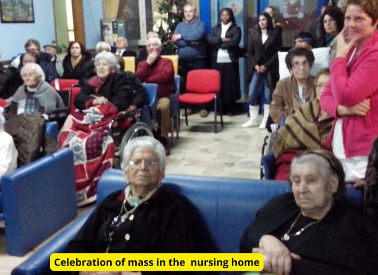 Seniors gather in a nursing home common room for a religious mass celebration.
