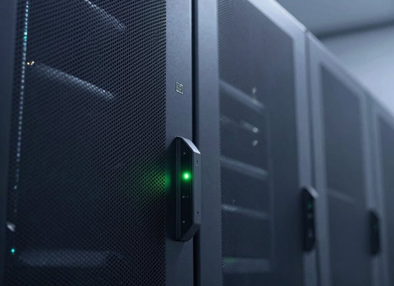 Clean, minimalist photography of a server room with a focus on a single blinking green light. Sophisticated tech background in Oxford navy and slate gray blue.