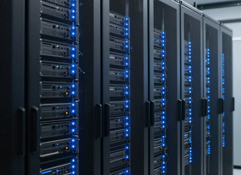 A row of high-tech industrial servers and control units in a data center with blue LED indicator lights glowing in the dark.