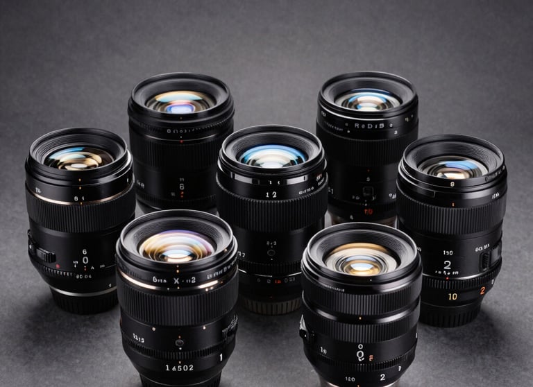 A collection of high-end cinema lenses resting on a dark gray surface. Each lens has a steel blue reflection. Professional North American studio lighting.