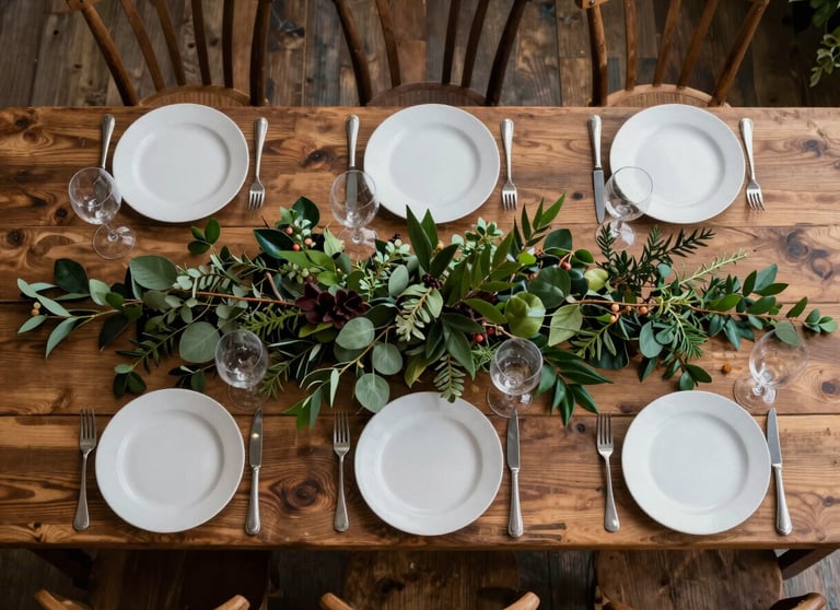 A top-down shot of a North American farm-to-table dinner party, featuring earthy brown wooden tables and forest green foliage.
