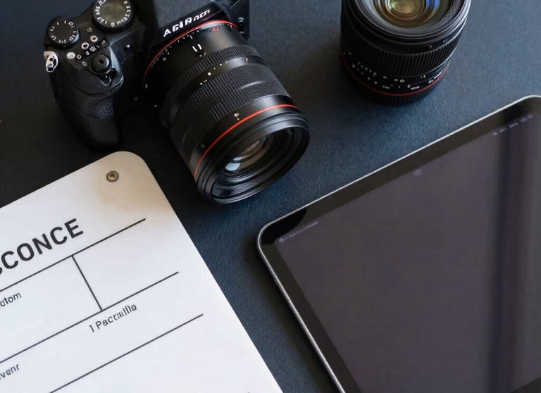 A top-down view of professional media tools: a high-end camera, a slate-colored script, and a tablet displaying a sleek digital interface. Arranged on a dark navy surface.