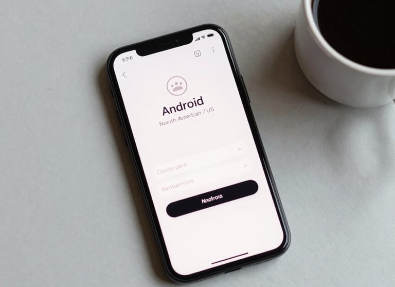 A top-down photograph of a minimalist Android smartphone and a coffee cup on a light grey desk. The screen shows a clean login interface. Soft North American / US office lighting.