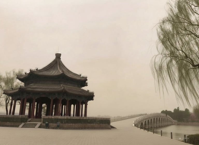 Seventeen-Arches Bridge and Pavillion at Summer Palace, Beijing, China, March 2018
