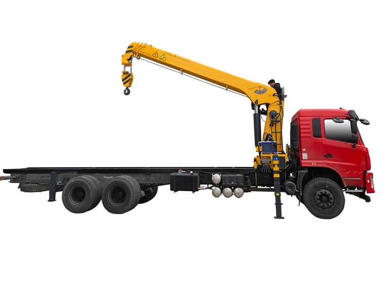 A red  cab crane truck with a telescopic loader crane.