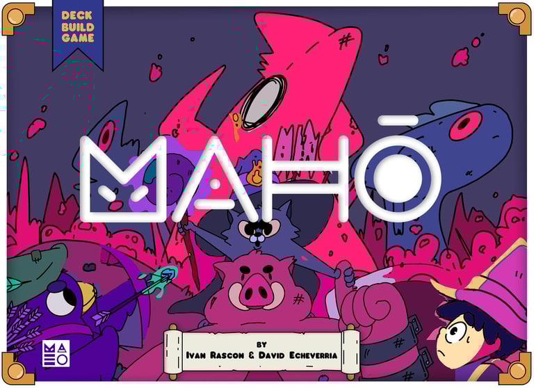 Portada de la caja de Maho, juego de mesa de construcción de mazos deckbuilding