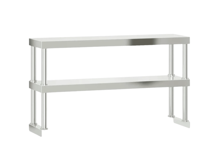 Two-tier stainless steel overshelf for benches with clamp-on mounting.