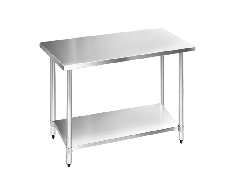 A prosumer stainless steel flat benchtop featuring a solid undershelf and adjustable feet.