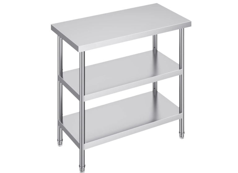 Stainless steel bench with two under shelves for extra kitchen storage.