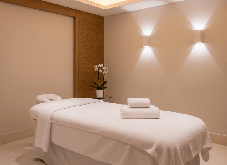Professional spa room with massage table and towels for general massage therapy