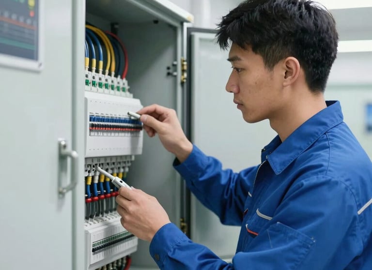 A technician in a blue uniform inspecting an electrical panel in a modern utility room. The scene is clean, organized, and reflects high professional standards.