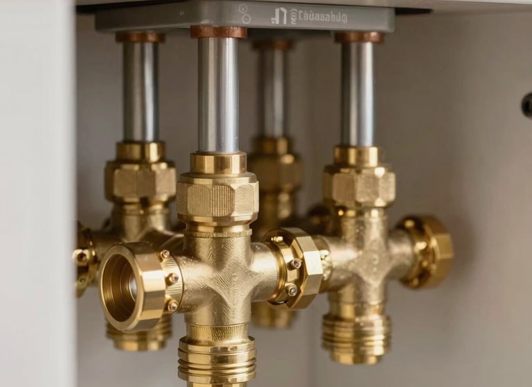 High-quality close-up of underfloor heating manifold and shiny brass valves showing clean professional heating plumbing inside a modern home in Tekirdağ / Thrace, Turkey.