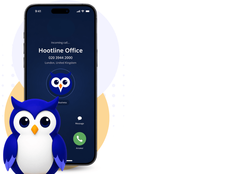 Hootline app screen and owl mascot showing how to start taking business calls on your mobile