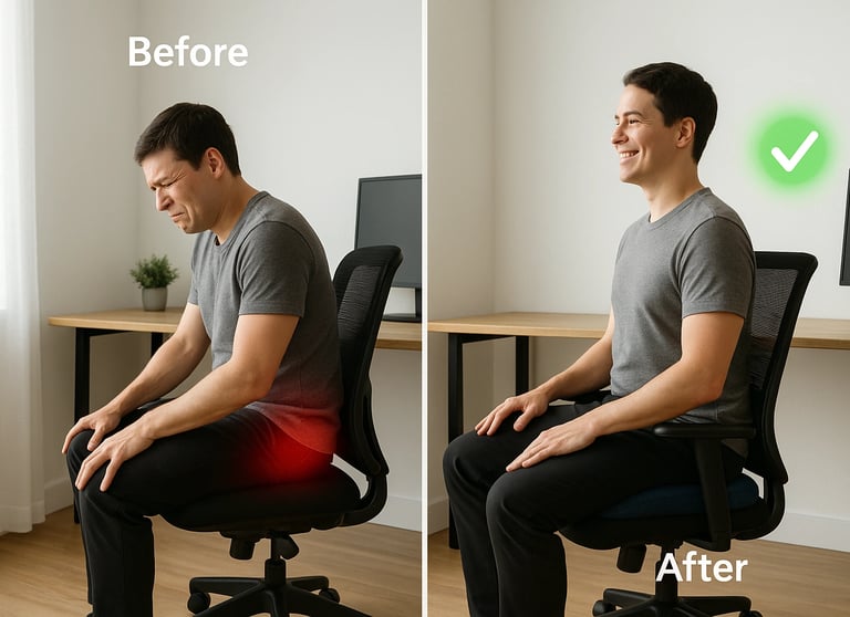 Before and after: office chair for tailbone pain with coccyx cut-out cushion relieving pressure and 