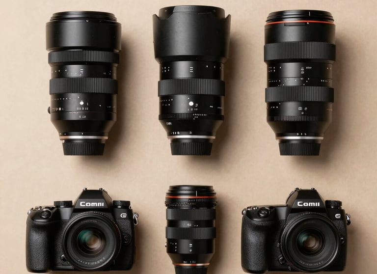 A professional flat lay of photography equipment on a sand-colored background. Minimal, elegant, and organized.