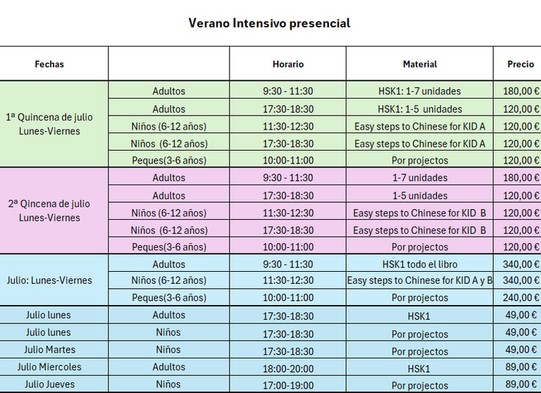 Intensive summer Chinese course schedule and prices for adults and children using HSK and Easy Steps to Chinese materials.
